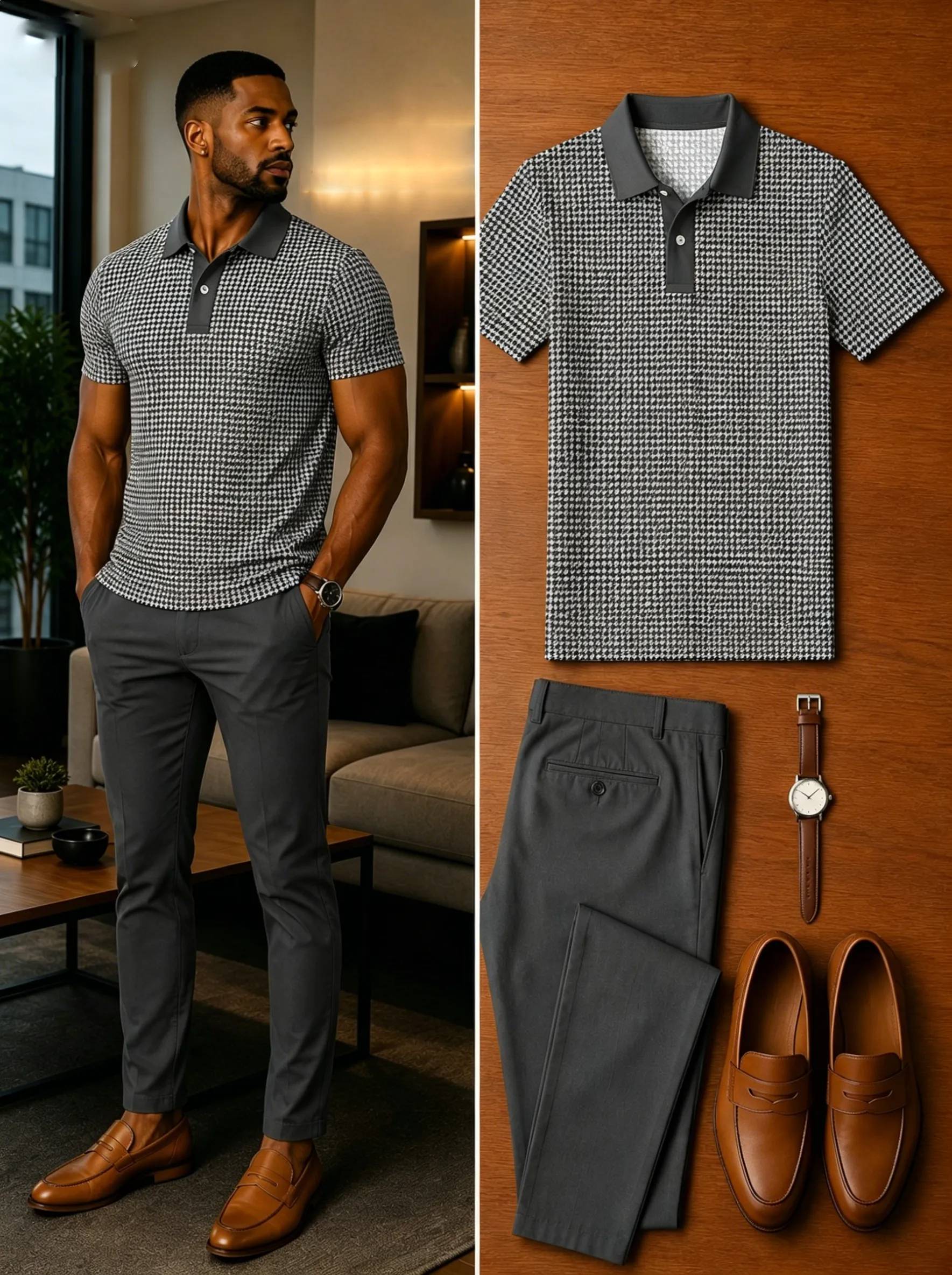 Men's Casual Short Sleeve Polo Shirt And Pants Two-Piece Set