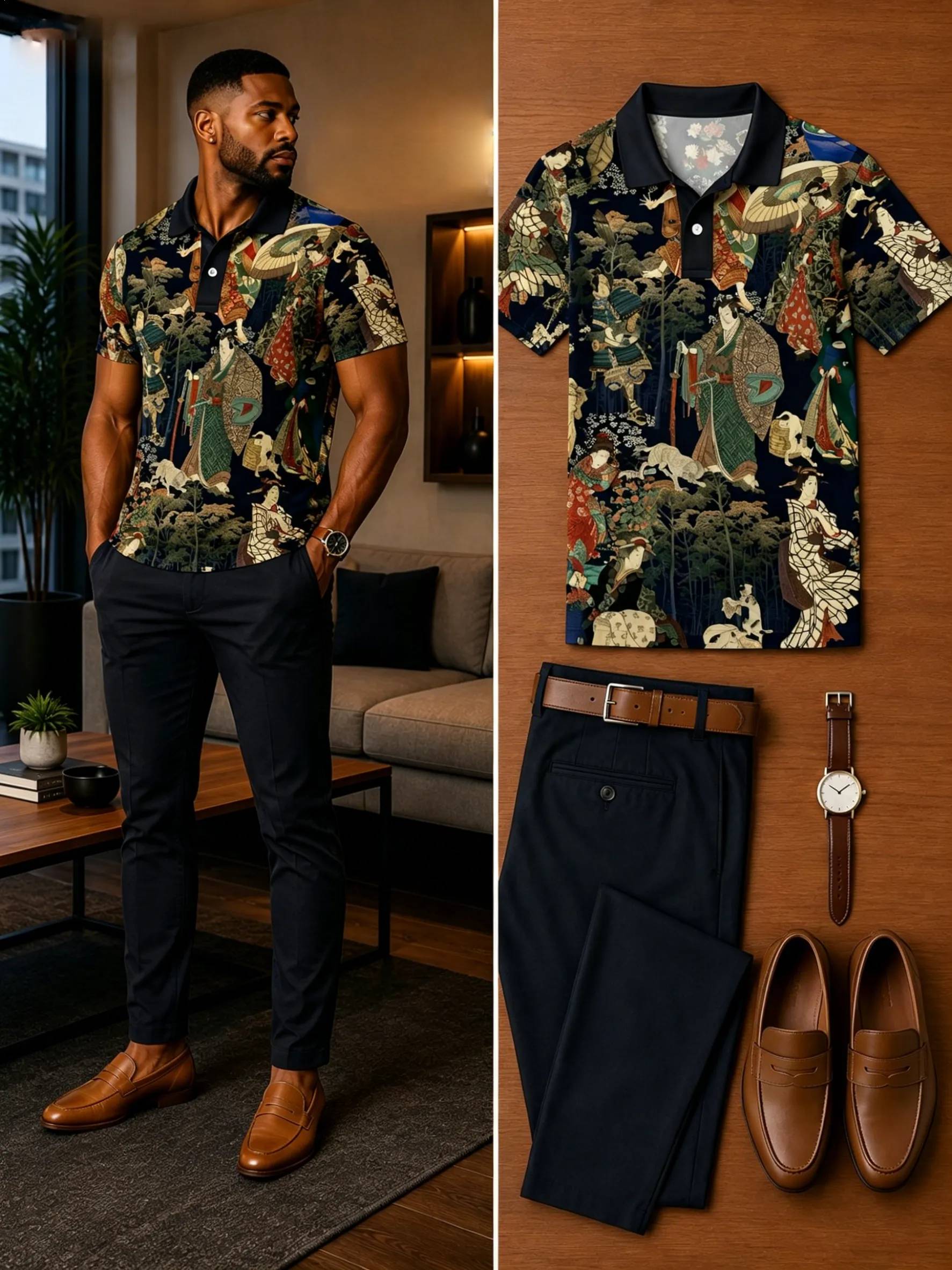 Men's Casual Short Sleeve Polo Shirt And Pants Two-Piece Set