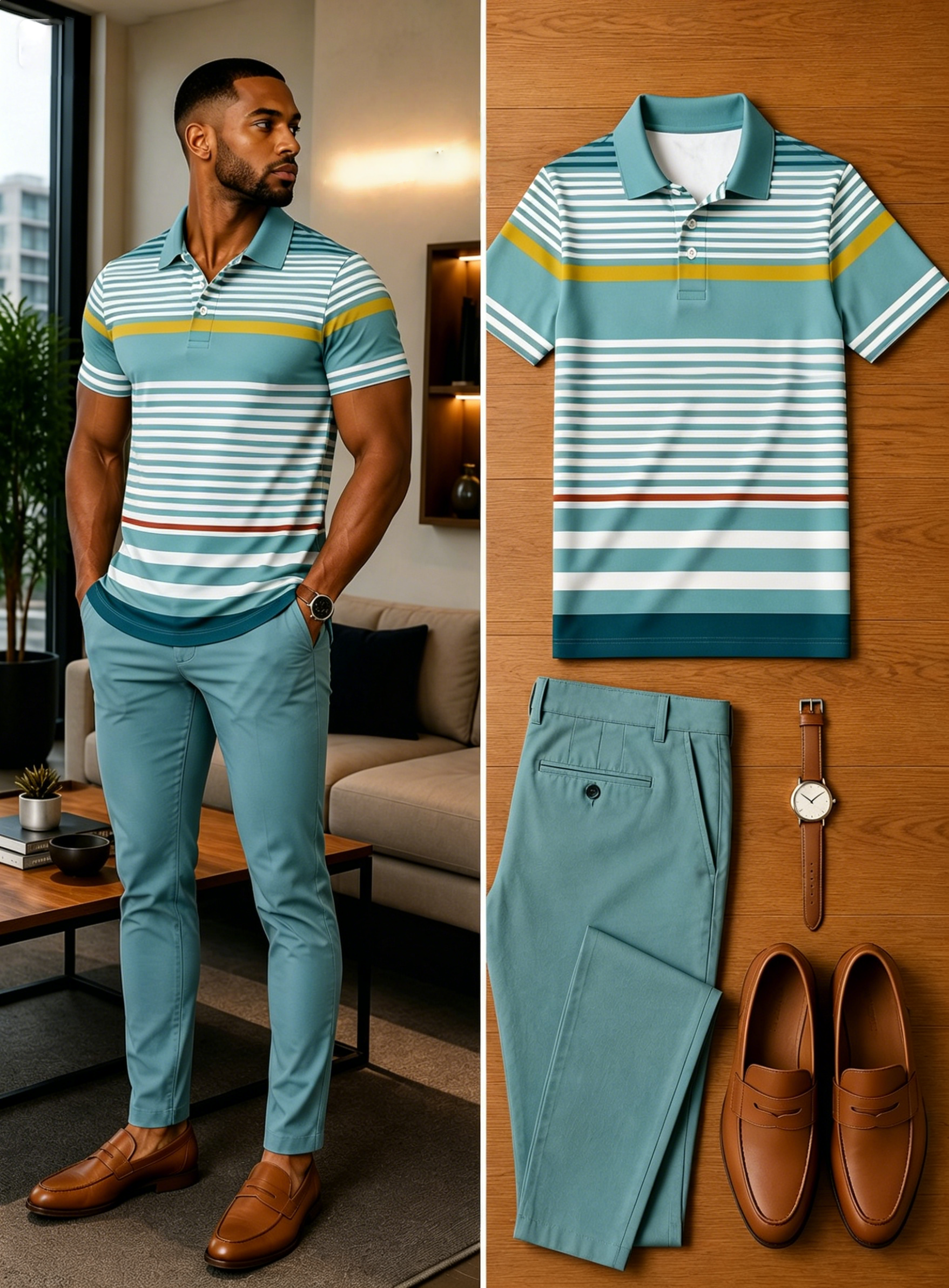 Men's Casual Short Sleeve Polo Shirt And Pants Two-Piece Set