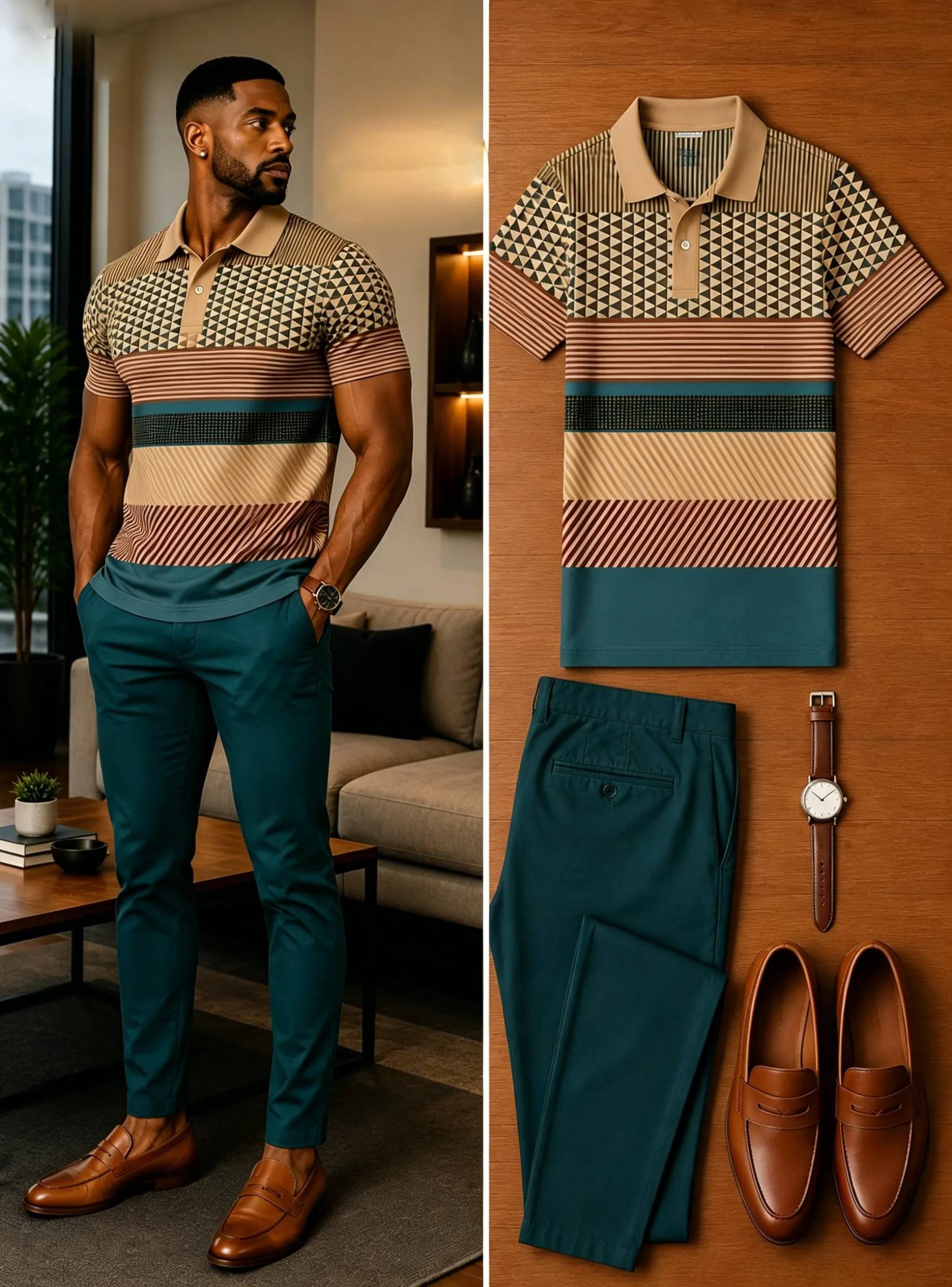 Men's Casual Short Sleeve Polo Shirt And Pants Two-Piece Set