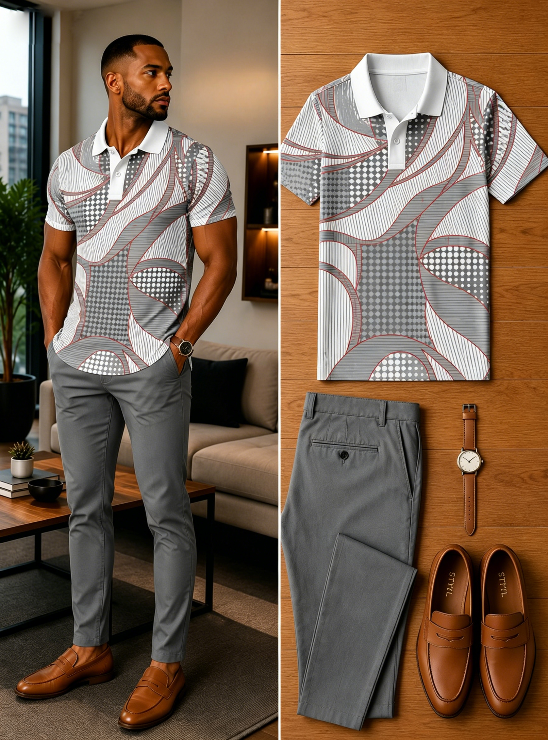 Men's Casual Short Sleeve Polo Shirt And Pants Two-Piece Set