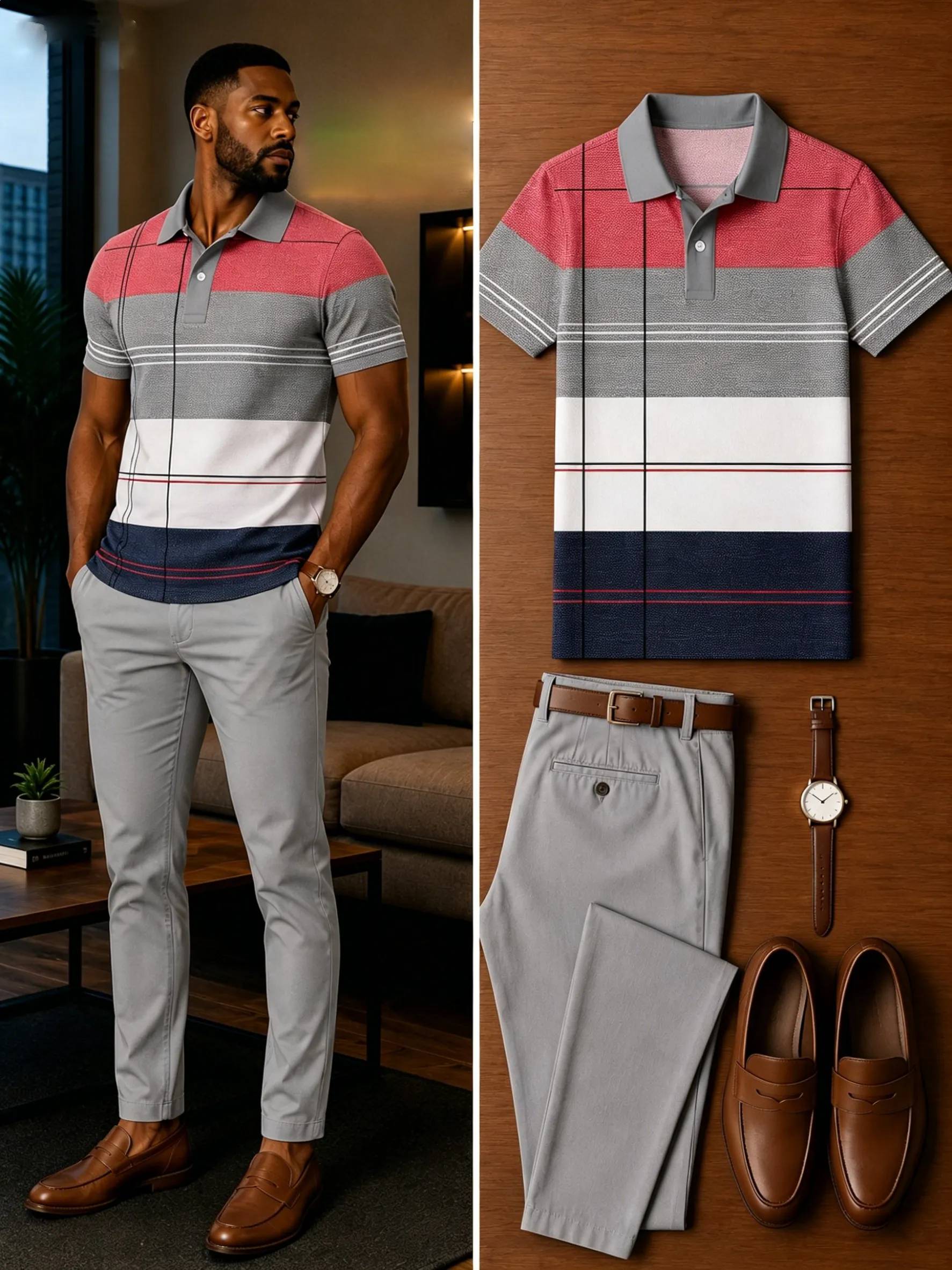 Men's Casual Short Sleeve Polo Shirt And Pants Two-Piece Set