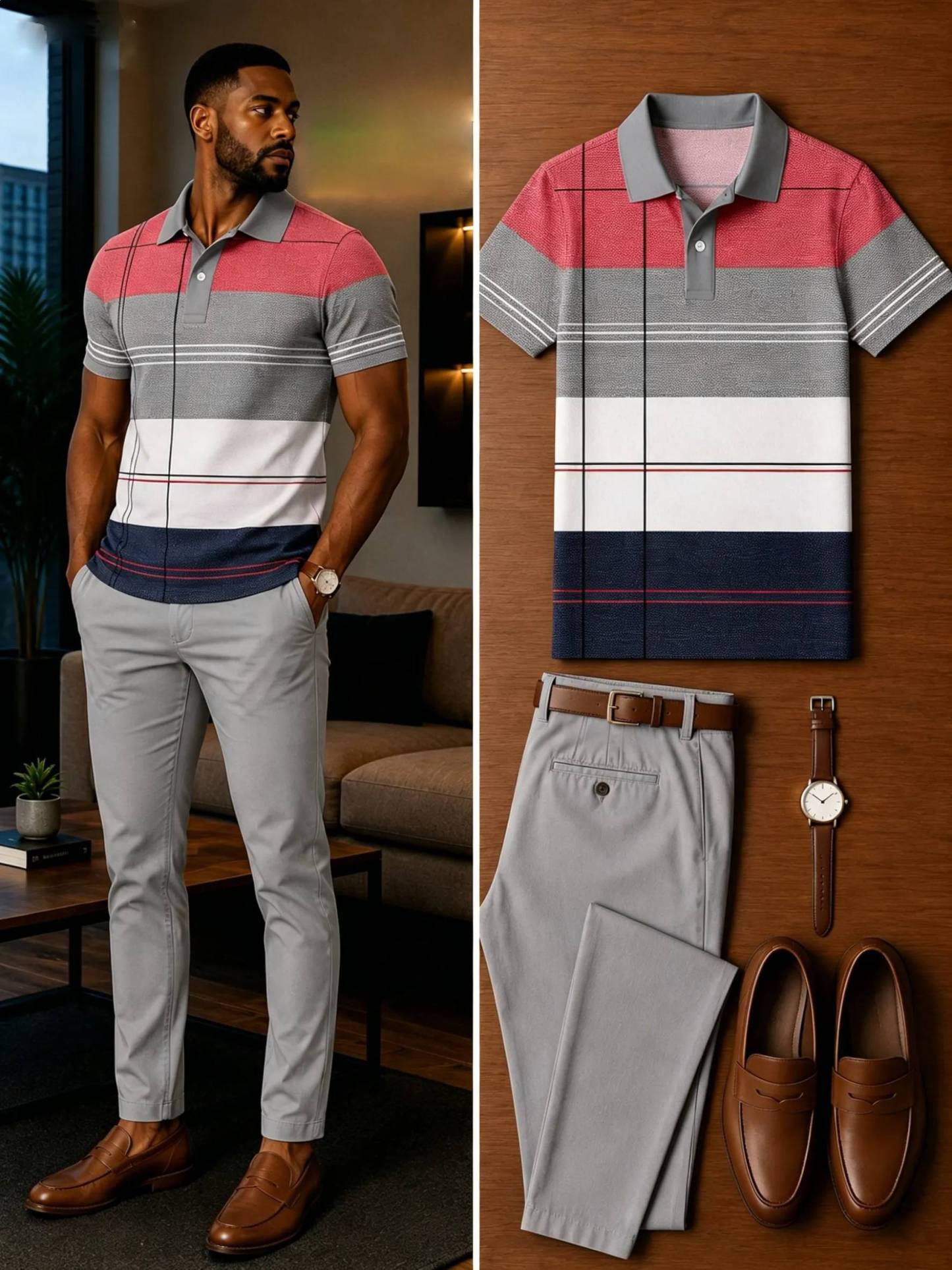 Men's Casual Short Sleeve Polo Shirt And Pants Two-Piece Set