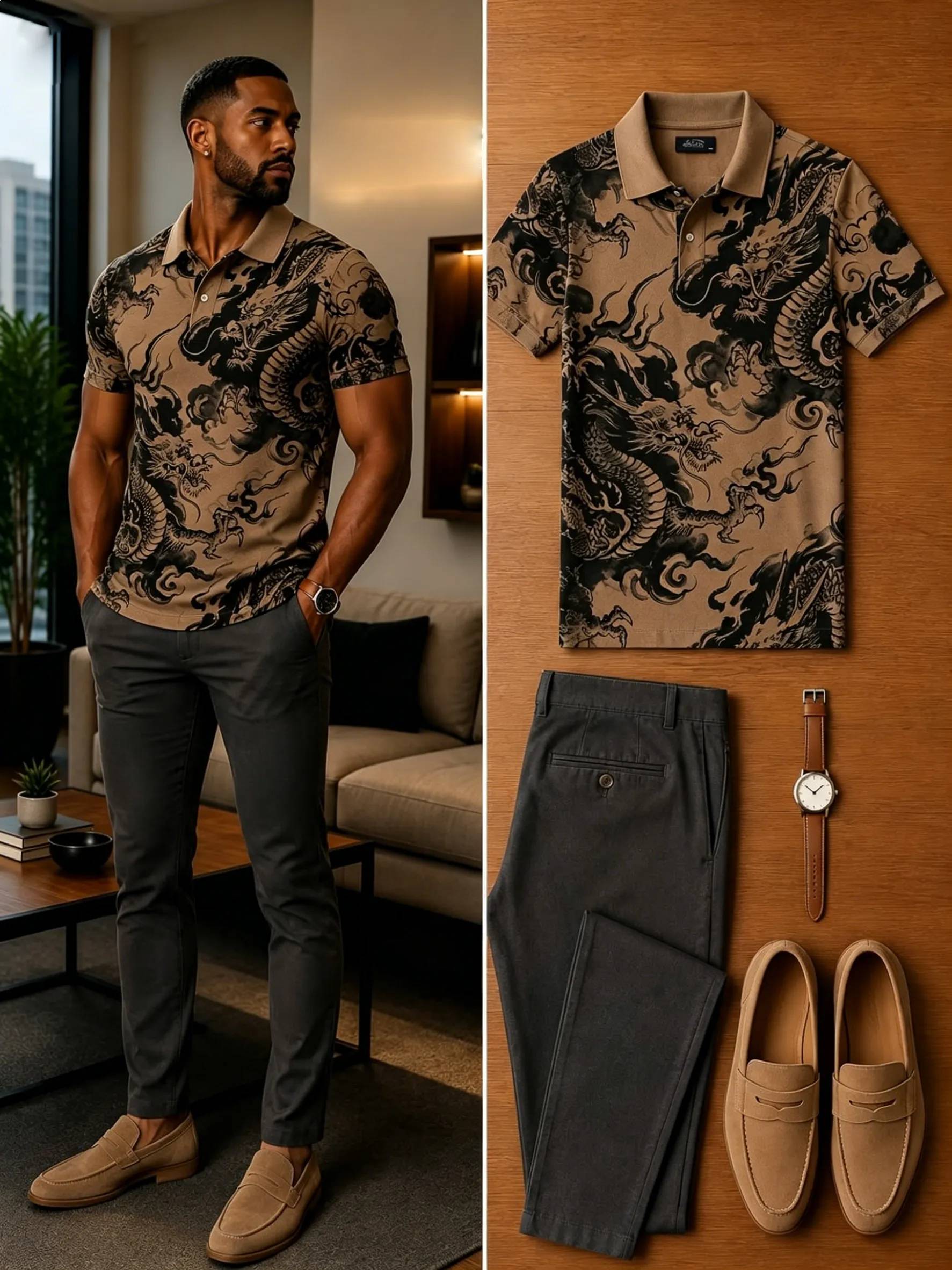 Men's Casual Short Sleeve Polo Shirt And Pants Two-Piece Set