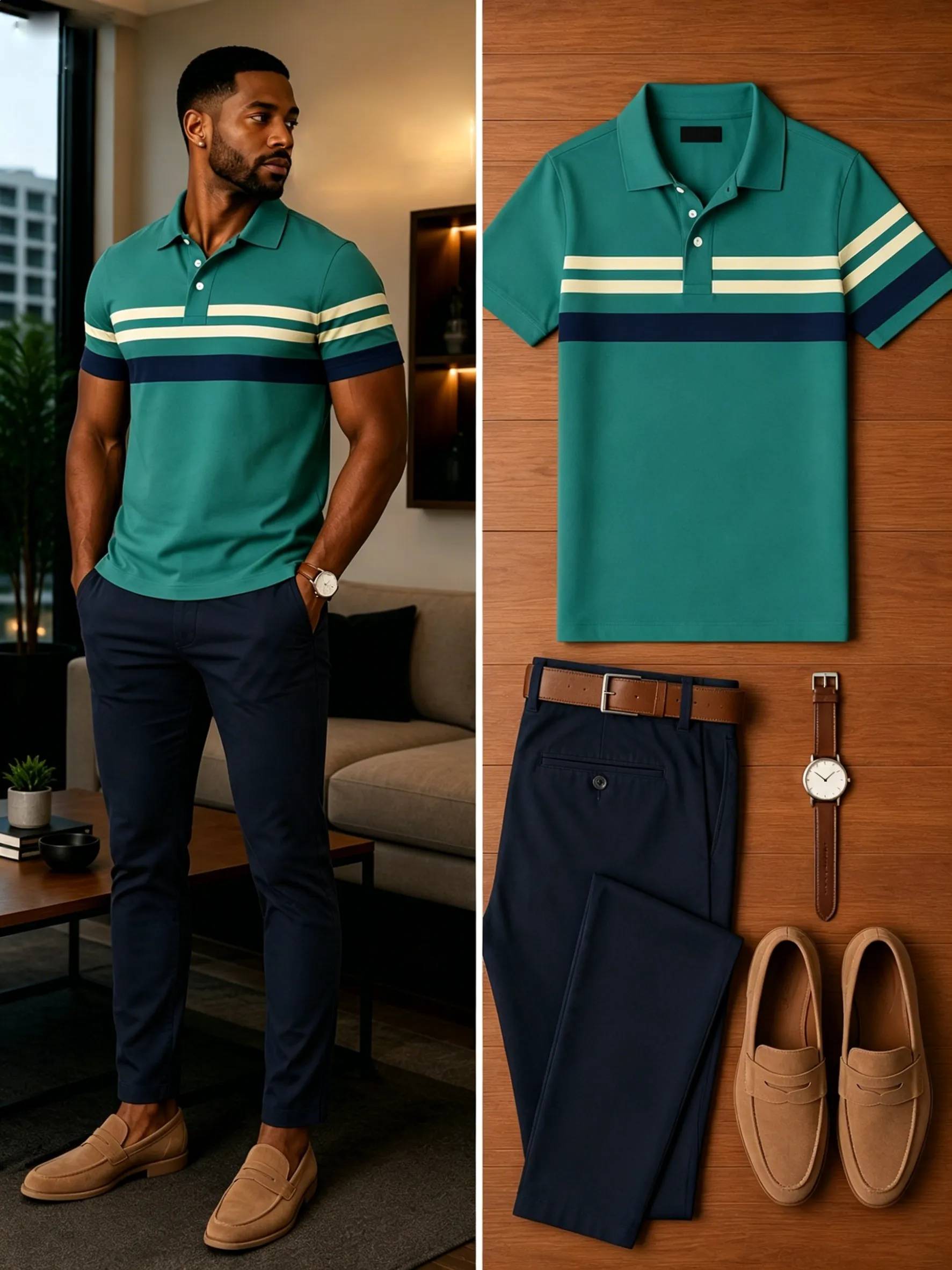 Men's Casual Short Sleeve Polo Shirt And Pants Two-Piece Set