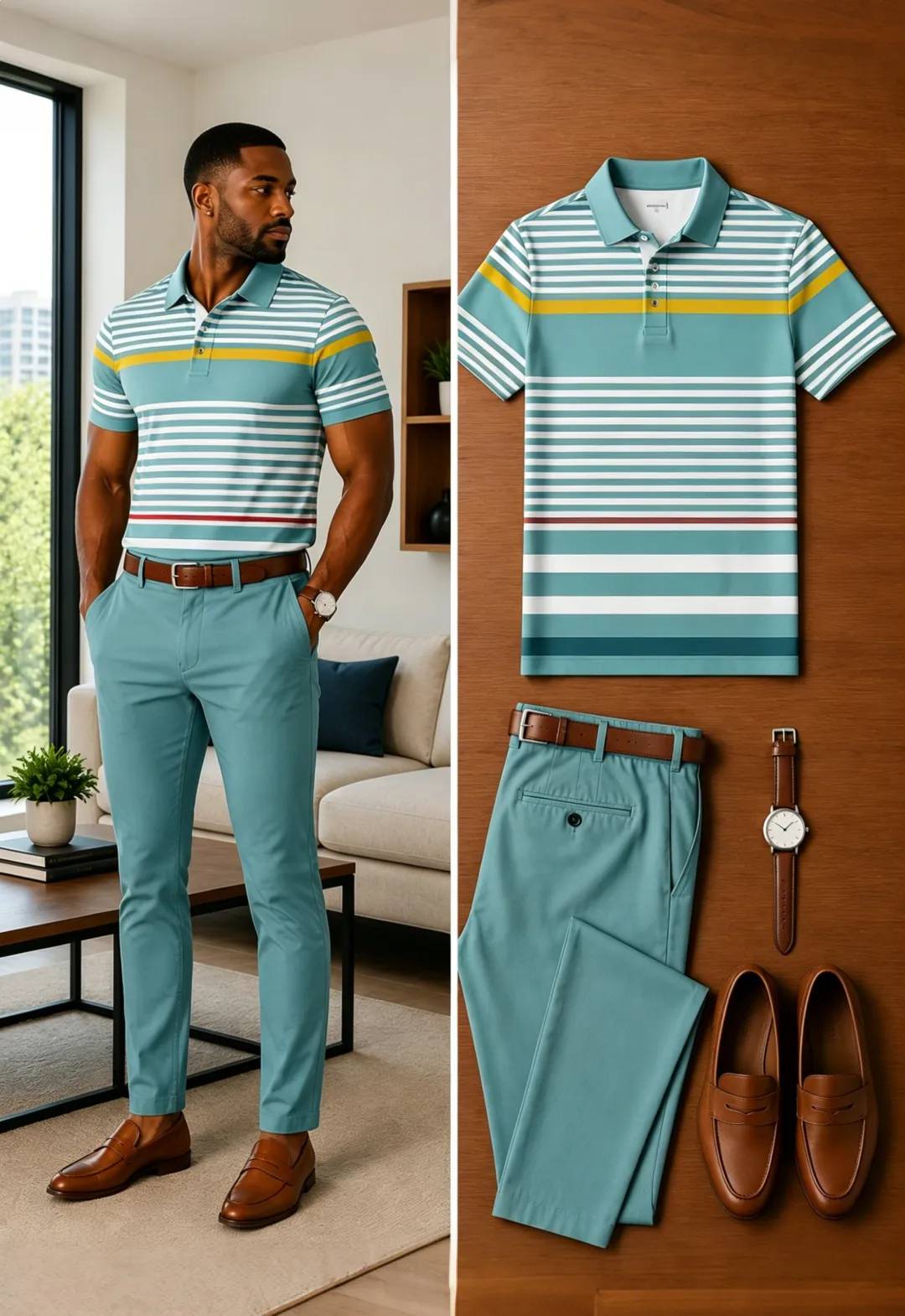 Men's Casual Short Sleeve Polo Shirt And Pants Two-Piece Set