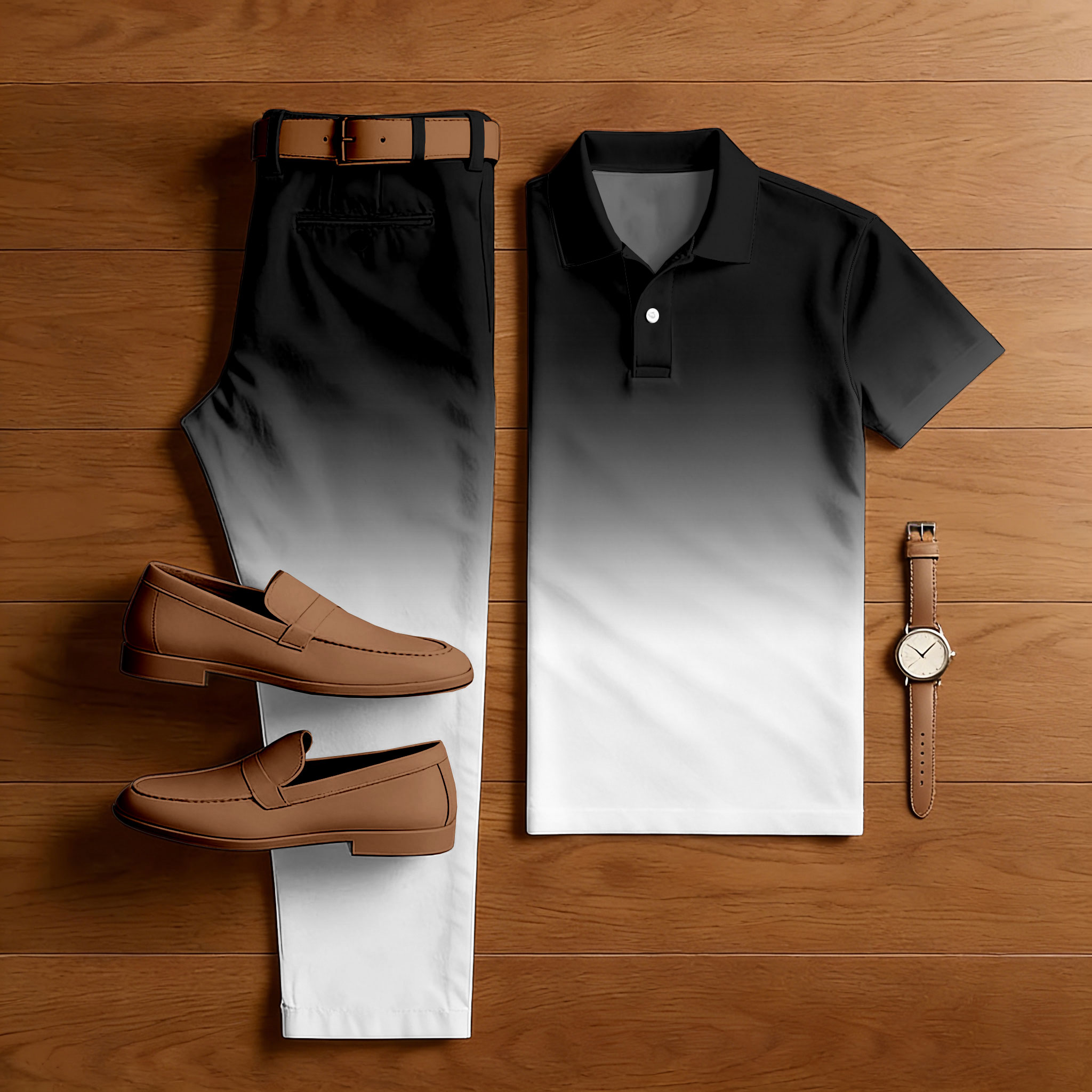 Men's Casual Black & White Color Matching Gadient Printed Short Sleeved Polo Shirt & Trousers Two-Piece Set