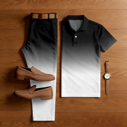 Men's Casual Black & White Color Matching Gadient Printed Short Sleeved Polo Shirt & Trousers Two-Piece Set