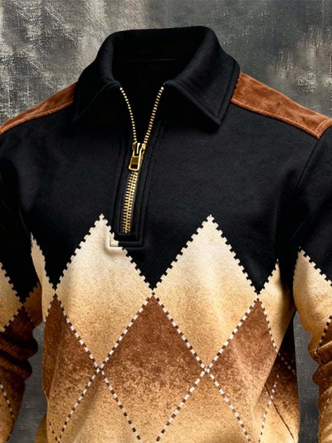Men's Retro Color Block Print Zipper Sweatshirt