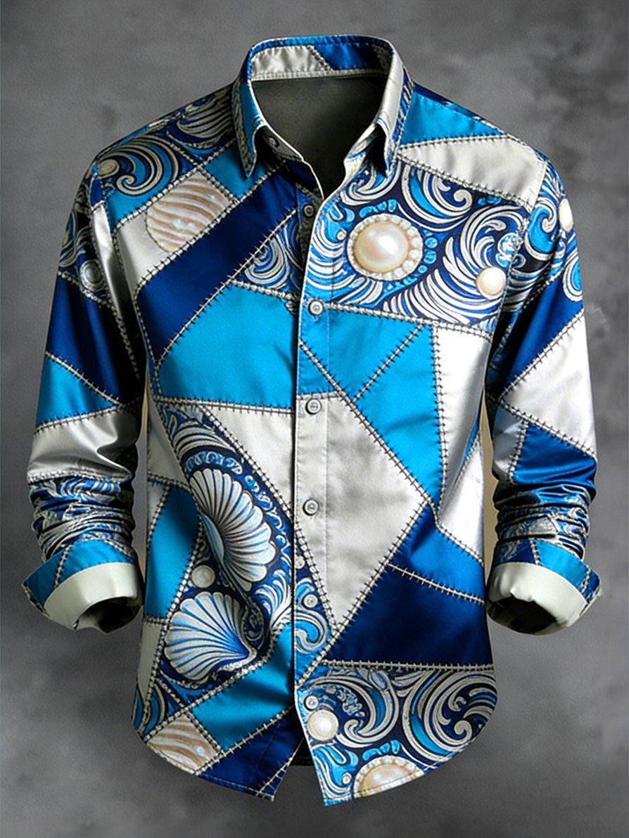 Men's Retro Business Color Block Pattern Long-Sleeve Shirt