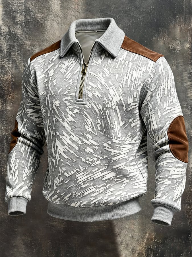 Men's Retro Color Block Print Color-Blocked Zip-Up Sweatshirt