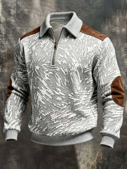 Men's Retro Color Block Print Color-Blocked Zip-Up Sweatshirt