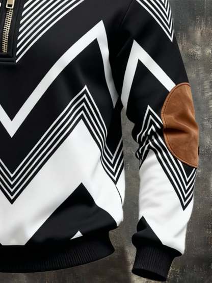 Men's Retro Color Block Print Zipper Sweatshirt