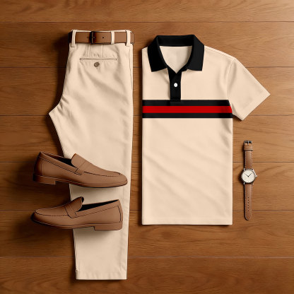 Men's Casual Apricot & Black Color Matching Striped Printed Short Sleeved Polo Shirt & Trousers Two-Piece Set