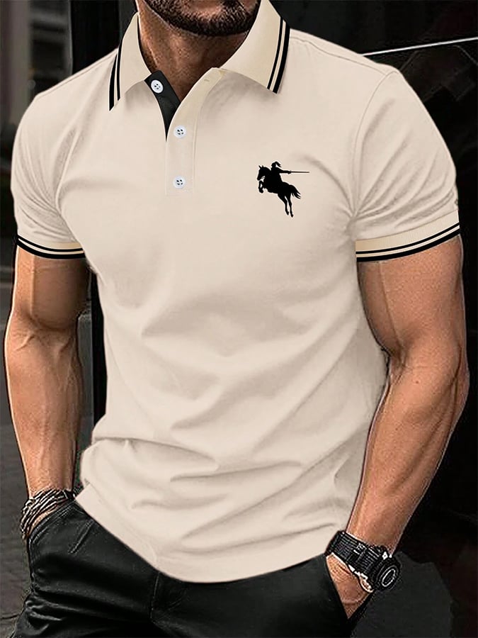 Men's Horse Stripe Print Casual Polo Shirt