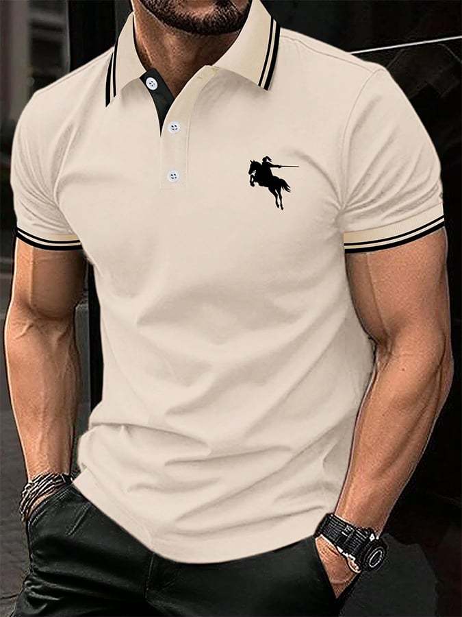 Men's Horse Stripe Print Casual Polo Shirt
