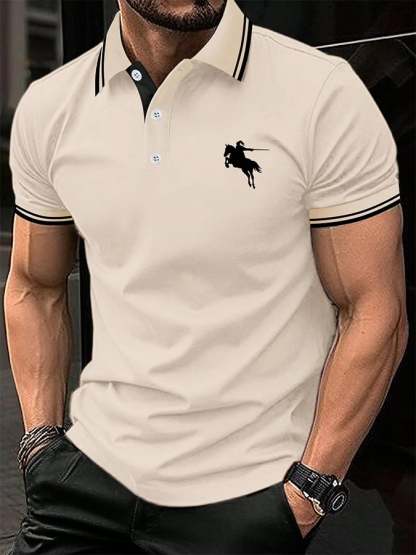 Men's Horse Stripe Print Casual Polo Shirt