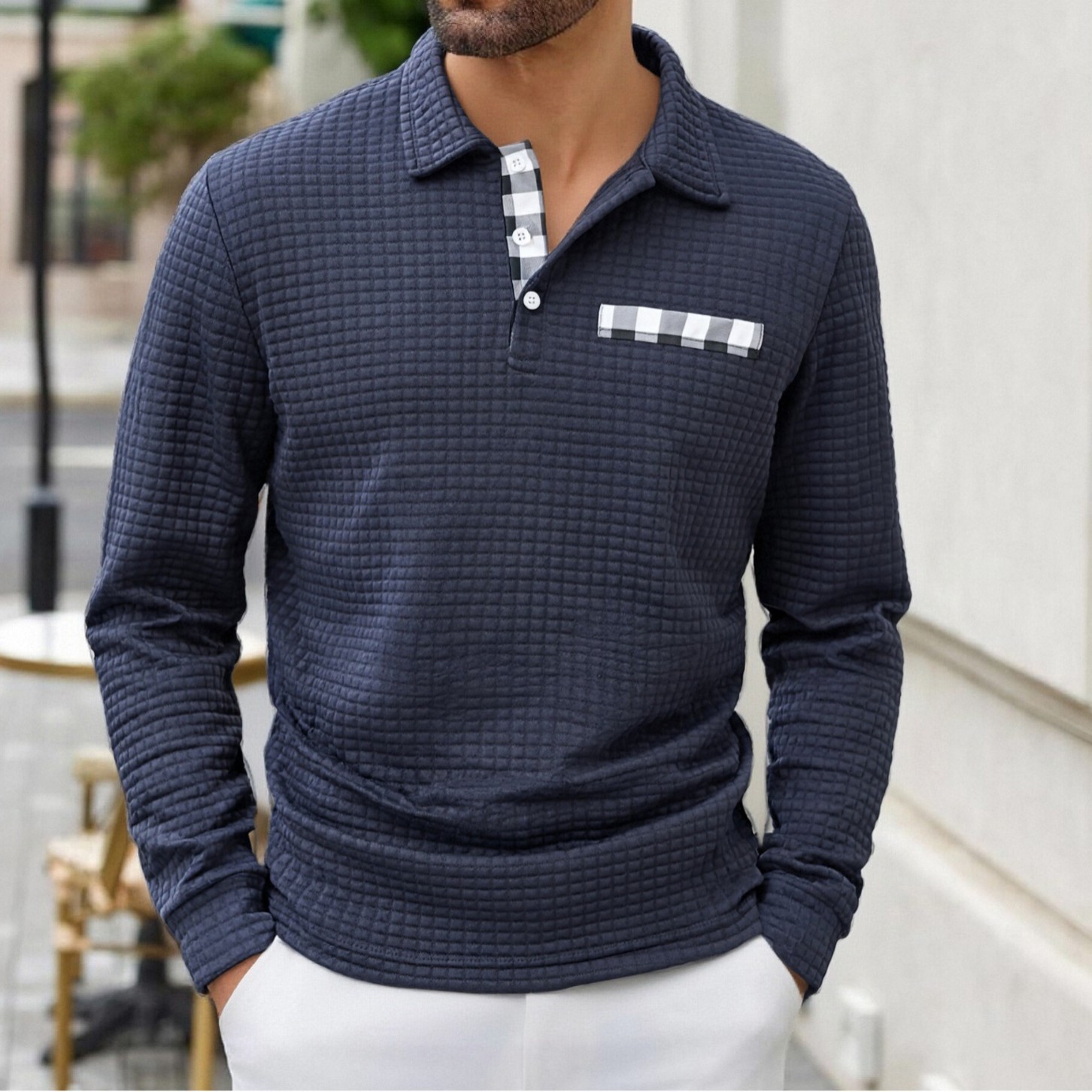 Men's Vintage Striped Long-Sleeved Henley Polo Shirt