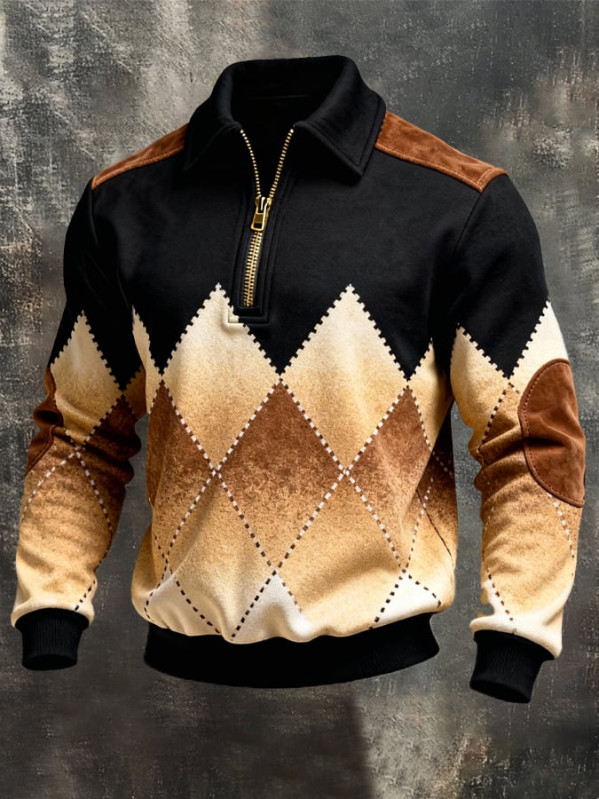 Men's Retro Color Block Print Zipper Sweatshirt
