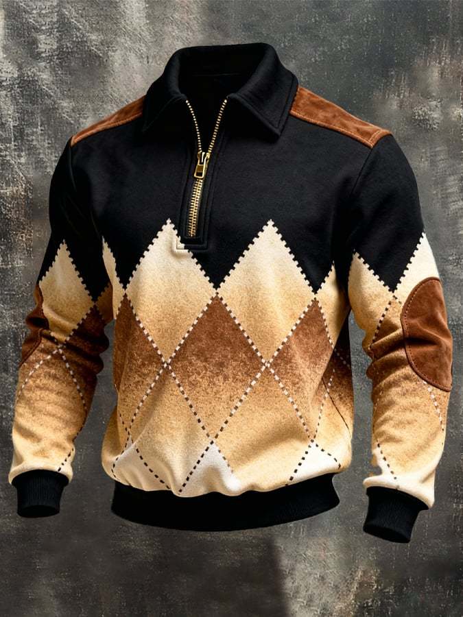 Men's Retro Color Block Print Zipper Sweatshirt