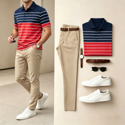 Men's Casual Striped Color-Block Print Short-Sleeve Polo Shirt And Pants Set (Excludes Accessories Such As Watches And Belts)