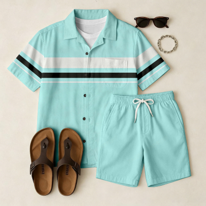 Men's Casual Light Blue Short-Sleeve Shirt And Printed Shorts Two-Piece Set