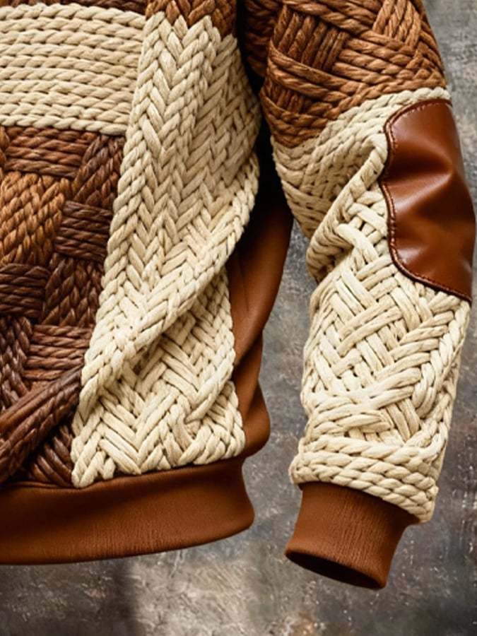 Men's Retro Color Block Print Zipper Sweatshirt