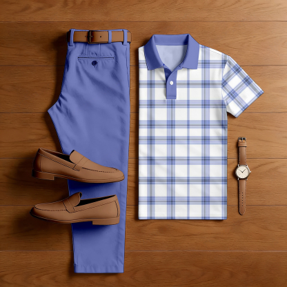Men's Casual Purple & White Color Matching Checkered Printed Short Sleeved Polo Shirt & Trousers Two-Piece Set