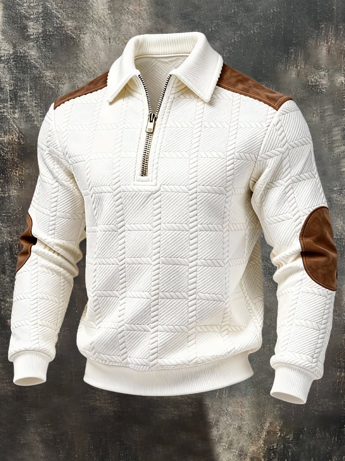 Men's Retro Jacquard Textured Patchwork Comfortable Color-Blocked Zip-Up Sweatshirt