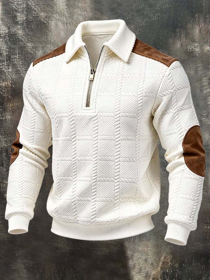 Men's Retro Jacquard Textured Patchwork Comfortable Color-Blocked Zip-