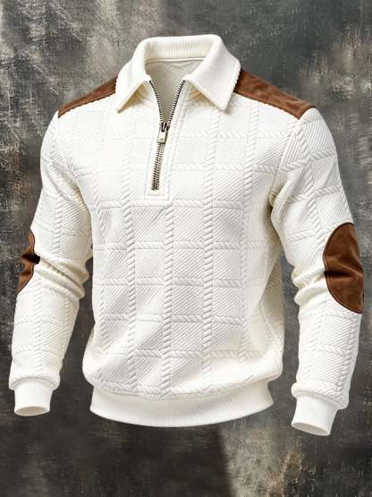 Men's Retro Jacquard Textured Patchwork Comfortable Color-Blocked Zip-Up Sweatshirt