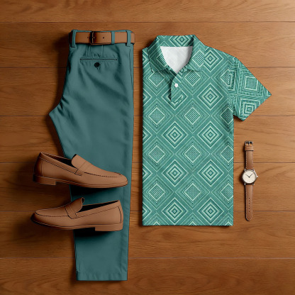 Men's Casual Green Color Matching Checkered Printed Short Sleeved Polo Shirt & Trousers Two-Piece Set