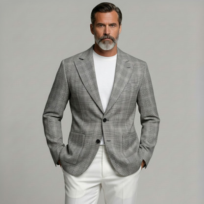 Men's Business Gray Plaid Print Two Button Patch Pocket Notch Lapel Blazer