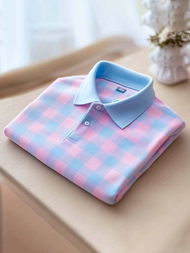 Men's Classic Business Check Logo Button Short Sleeve Polo Shirt