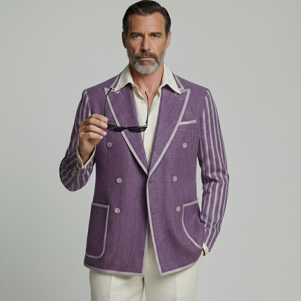 Men's Business Casual Purple Contrast Binding Peak Lapel Double Breasted Striped Long Sleeve Blazer