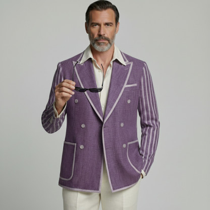 Men's Business Casual Purple Contrast Binding Peak Lapel Double Breasted Striped Long Sleeve Blazer