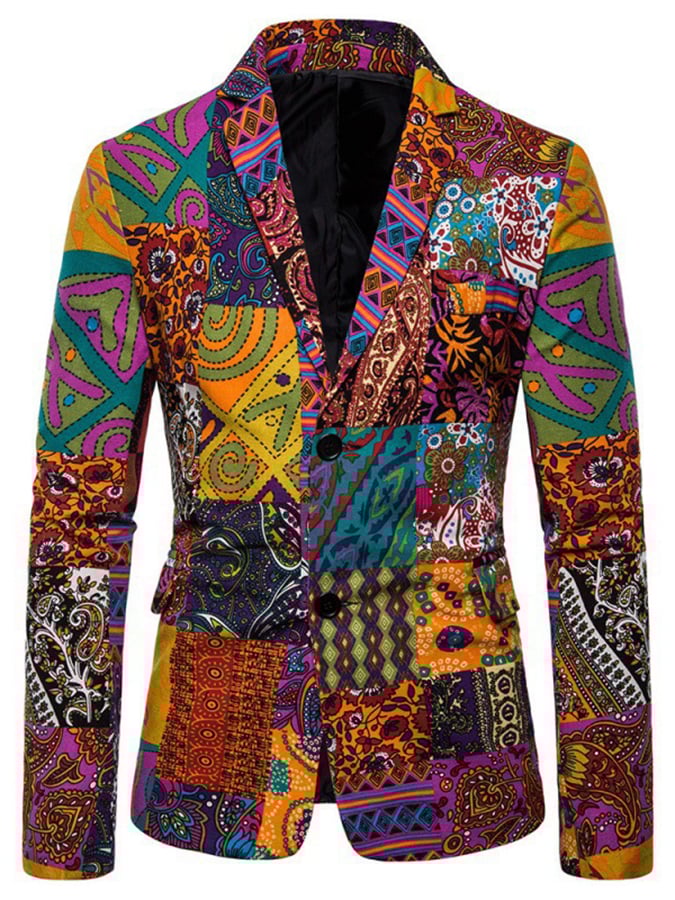 Men's Western Style Printed Patchwork Design Long Sleeve Blazer