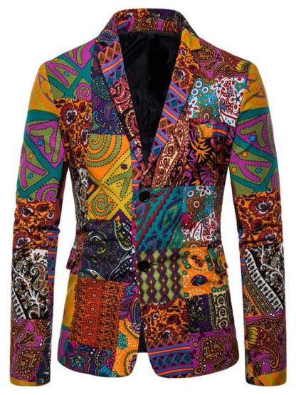 Men's Western Style Printed Patchwork Design Long Sleeve Blazer