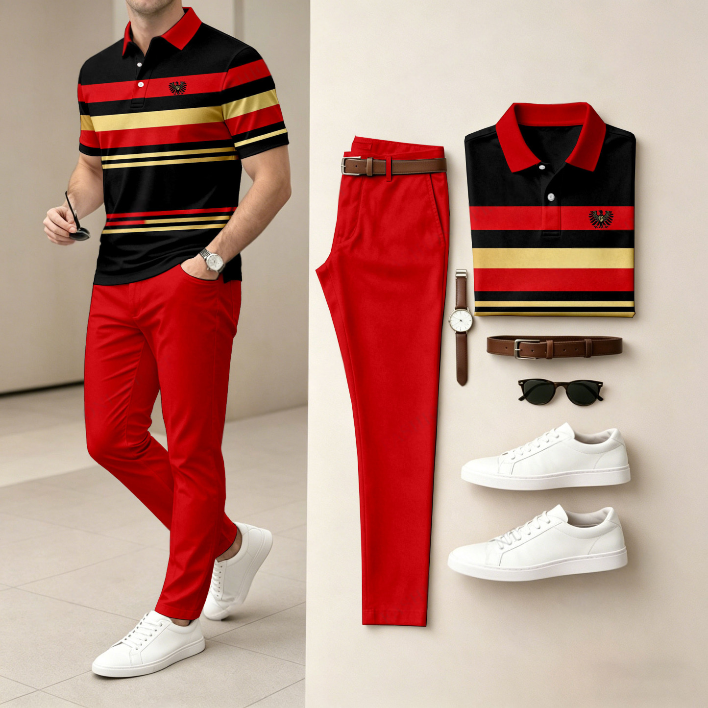 Men's Casual Blue & Red Stripes Sporty Printed Polo Shirt And Pants Two-Piece Set