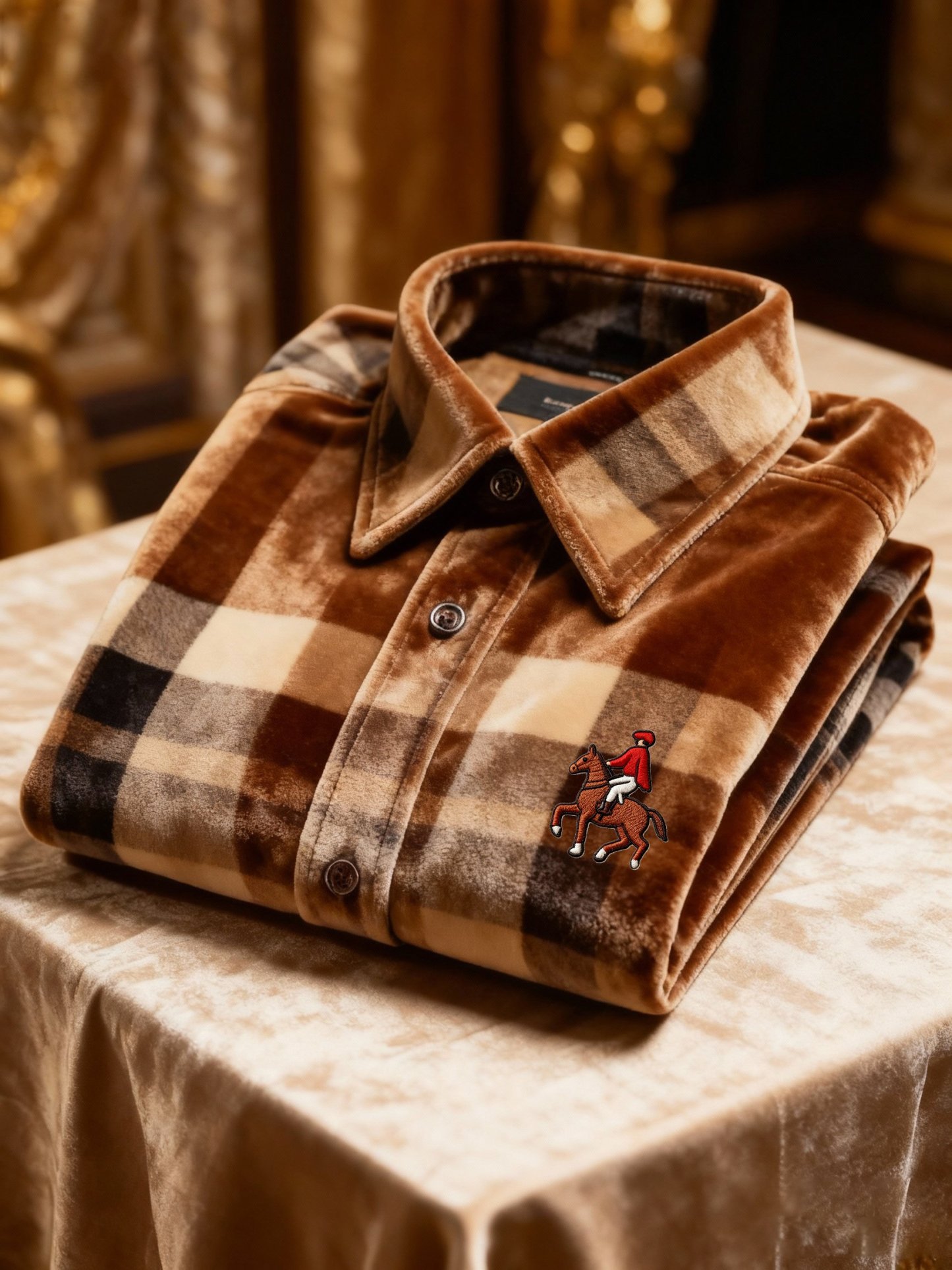 Men's Velvet Logo Casual Plaid Long Sleeve Shirt