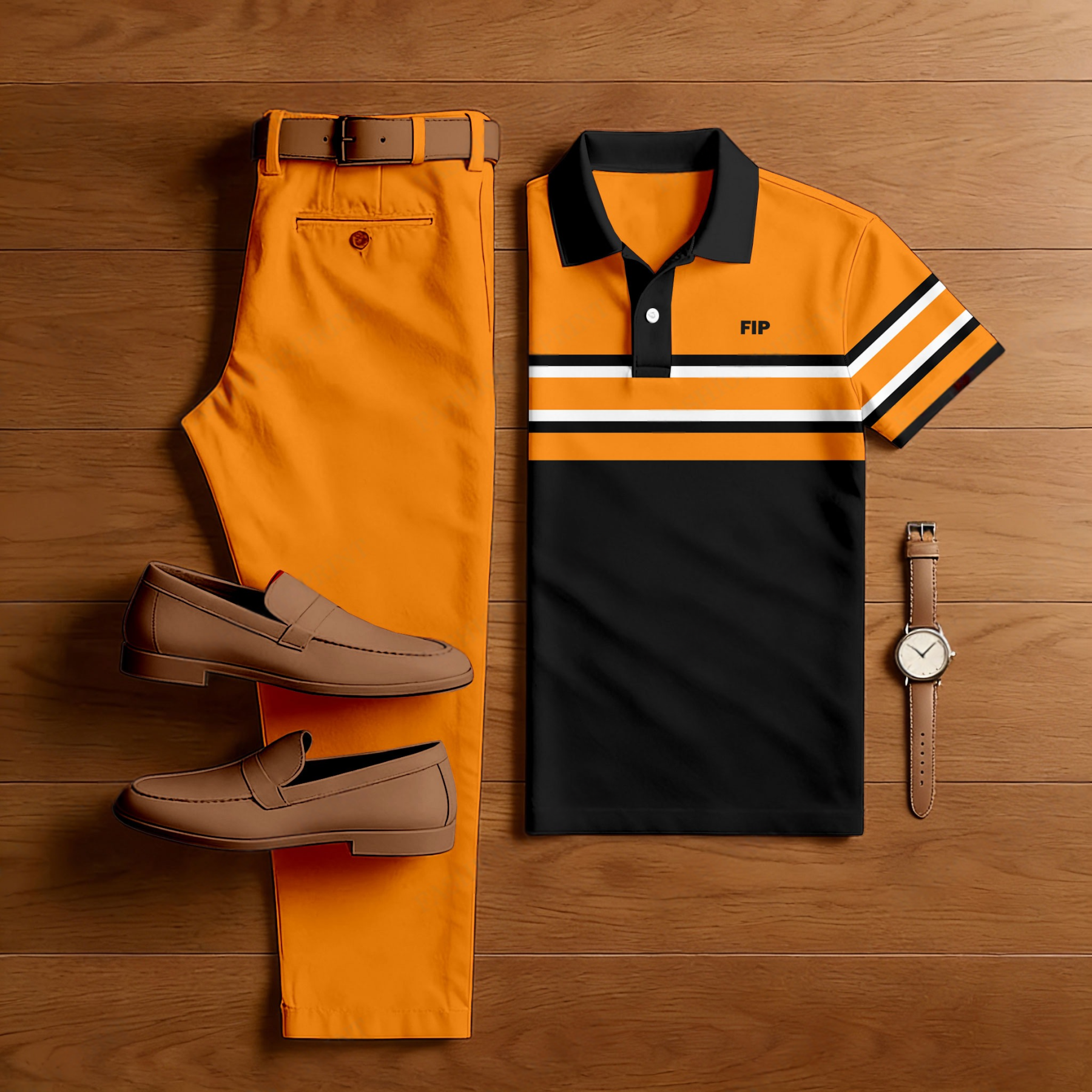 Men's Casual Orange & Black Color Matching Striped Printed Short Sleeved Polo Shirt & Trousers Two-Piece Set