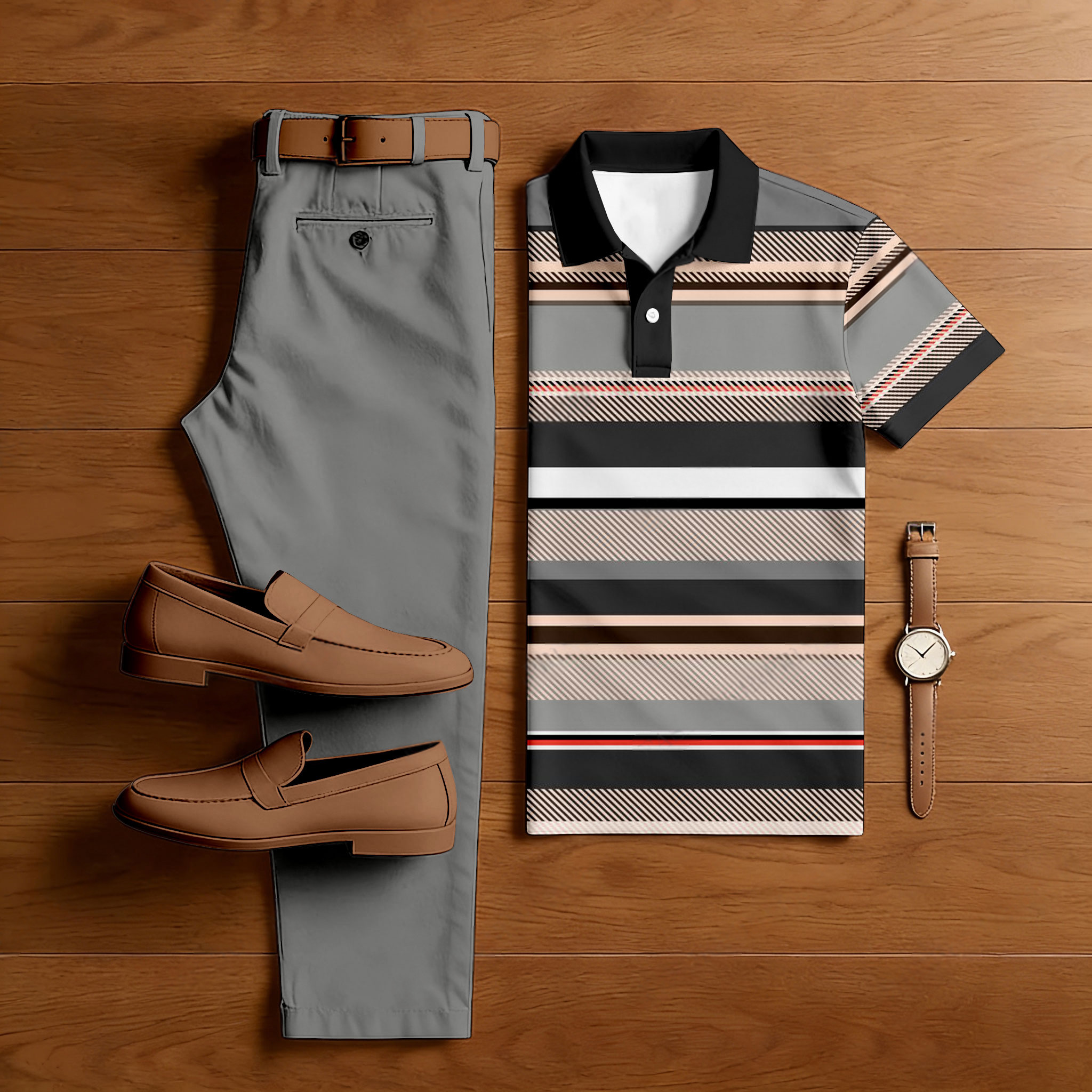 Men's Casual Multi Gray Color Matching Striped Printed Short Sleeved Polo Shirt & Trousers Two-Piece Set