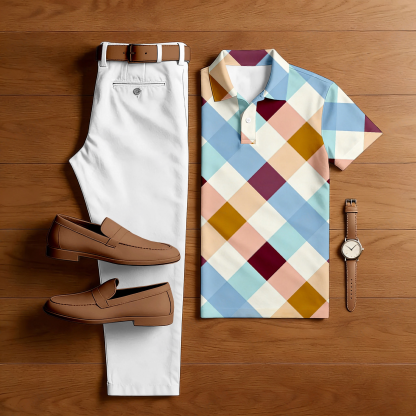 Men's Casual White & Multi Color Matching Checkered Printed Short Sleeved Polo Shirt & Trousers Two-Piece Set