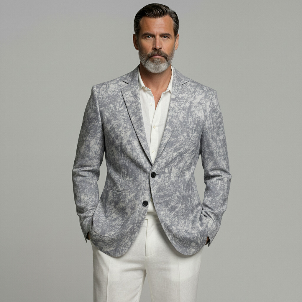 Men's Business Casual Gray Texture Pattern Patch Pocket Single Breasted Notched Lapel Blazer