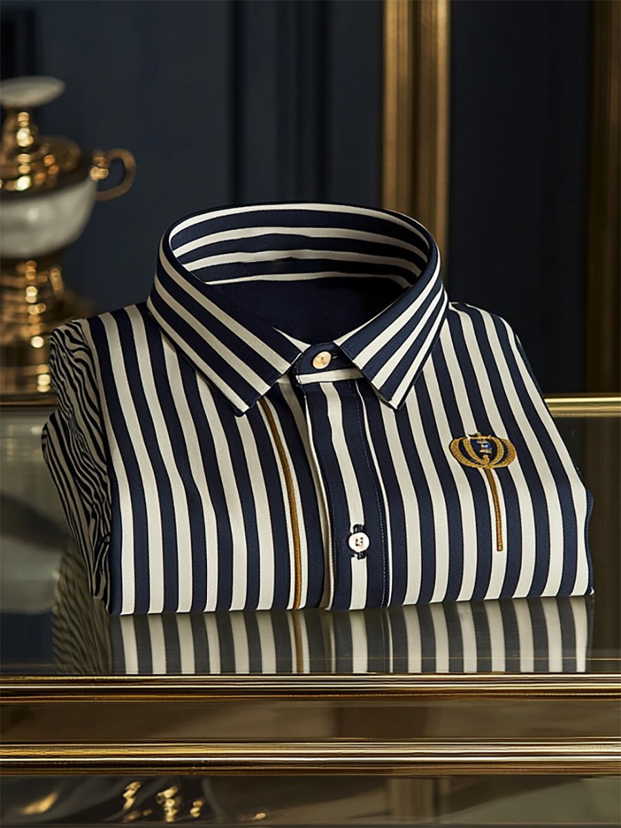 Men's Business Casual Striped Logo Print Long Sleeve Shirt