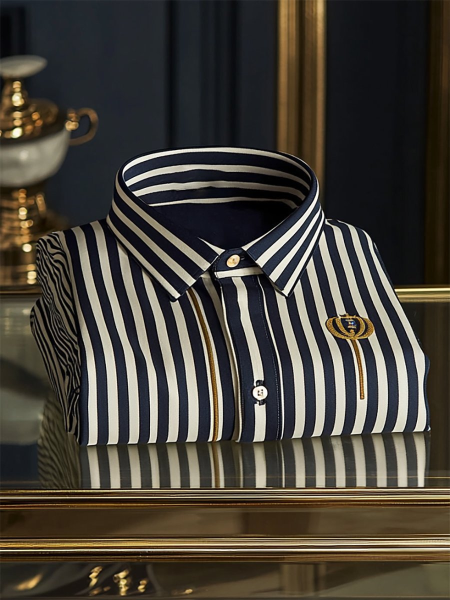 Men's Business Casual Striped Logo Print Long Sleeve Shirt