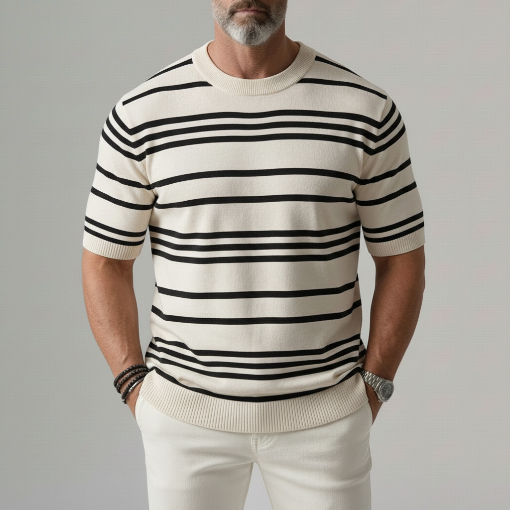 Men's Apricot Casual Striped Pattern Crew Neck Knitted Short Sleeve T-Shirt