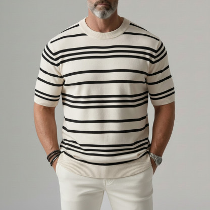Men's Apricot Casual Striped Pattern Crew Neck Knitted Short Sleeve T-Shirt