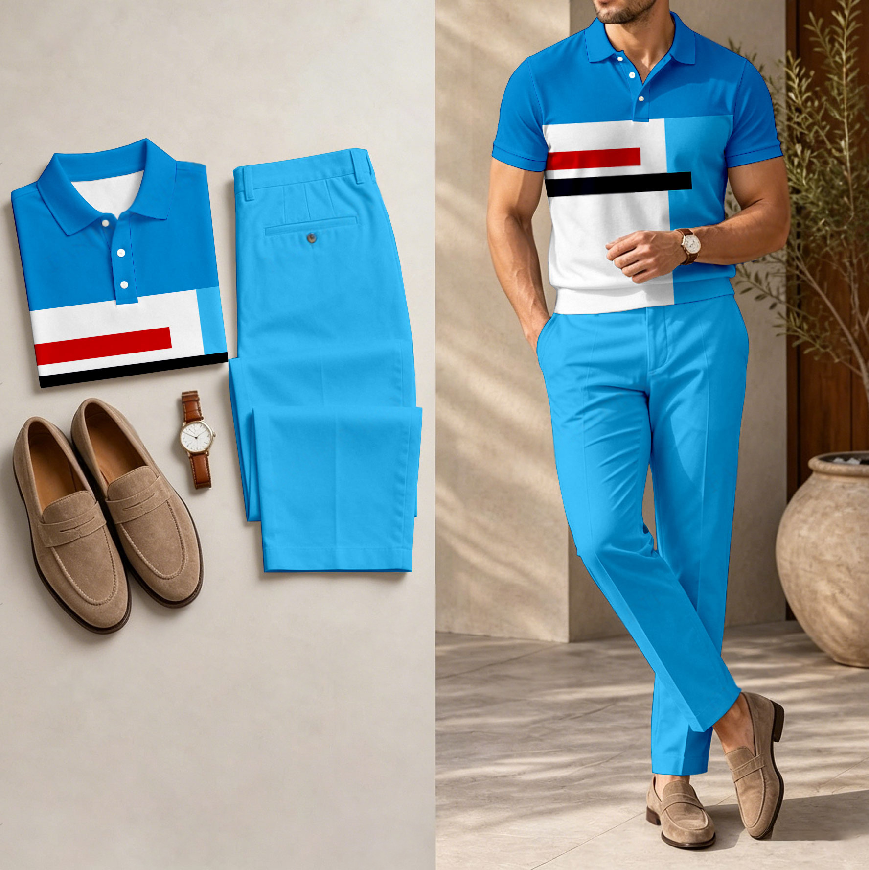 Men's Casual Deep Blue Printed Polo Shirt And Pants Two-Piece Set