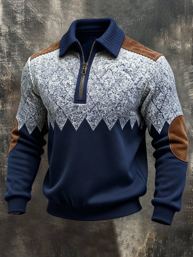 Men's Retro Color Block Print Color-Blocked Zip-Up Sweatshirt